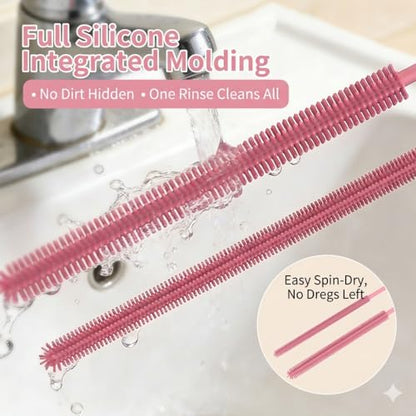 2-in-1 Dual-Ended Silicone Straw Cleaner Brush, Extra Long Reusable Straw Brush for Narrow Metal & Wide Smoothie Straws, Soft Bendable Cleaning Tool for Tumblers, 6mm + 9mm, Pink