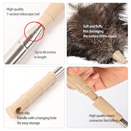 Extendable Cleaning Duster 94 Inch - Long Telescoping Ostrich Feather Dusters with Stainless Steel Extension Pole for High Ceiling Fan, High Ceilings,Roof Dusting - color: Natural-94in-stylee