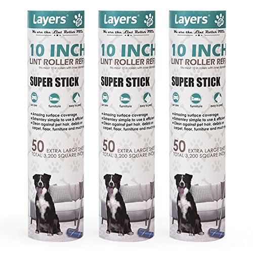 Layers Large Lint Roller Refill, Suitable for Most Large Rollers，mega Rollers, 10 in Wide Roller in The Market - 3 Packs - size: 50 Count (Pack of 3)