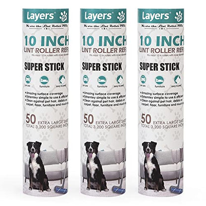 Layers Large Lint Roller Refill, Suitable for Most Large Rollers，mega Rollers, 10 in Wide Roller in The Market - 3 Packs - size: 50 Count (Pack of 3)