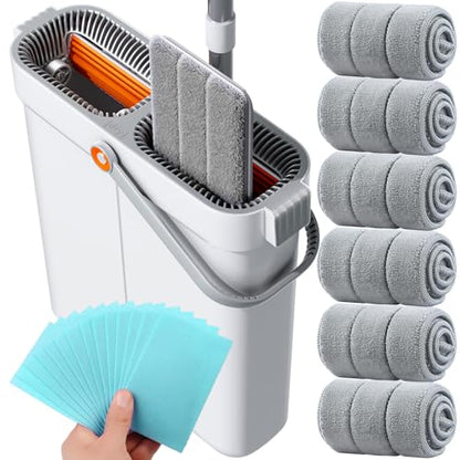 15.7" Flat Mop and Bucket Set with Wringer System | Wet Dry Floor Mop, 6 Reusable Microfiber Pads for Home, Tiny Home, Safe for Hardwood, Tile, Wall & Window Cleaning