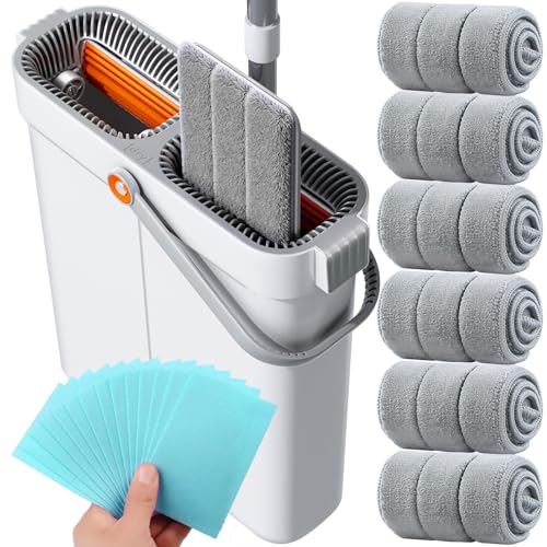 15.7" Flat Mop and Bucket Set with Wringer System | Wet Dry Floor Mop, 6 Reusable Microfiber Pads for Home, Tiny Home, Safe for Hardwood, Tile, Wall & Window Cleaning