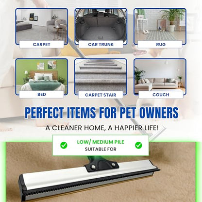 Carpet Rake for Pet Hair Removal & Fluffing Matted Carpet – 61" Adjustable Handle, Deep Clean Dog & Cat Hair Remover, Reusable Scraper for Rugs, Low Pile Carpet, Couch & Stairs - size: Twin