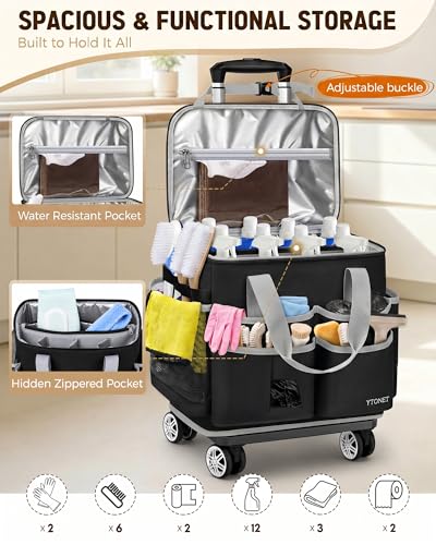 Ytonet Wearable Rolling Cleaning Caddy Bag with Cleaning Apron, Large Cleaning Caddy with 4 Spinner Wheels, Detachable Trolley Portable Cleaning Supplies Organizer Cart for Housekeepers, Utility Bag - color: Black