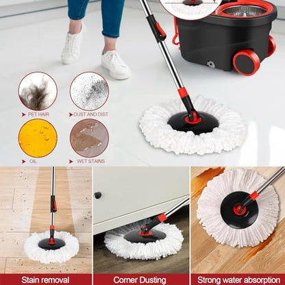 Spin Mop and Bucket with Wringer Set on Wheels,360° Spinning Mop Bucket System for Floor Cleaning, Mop and Bucket Set with 3 Microfiber Mop Replacement Heads and 61" Stainless Steel Adjustable Handle - color: Black Red
