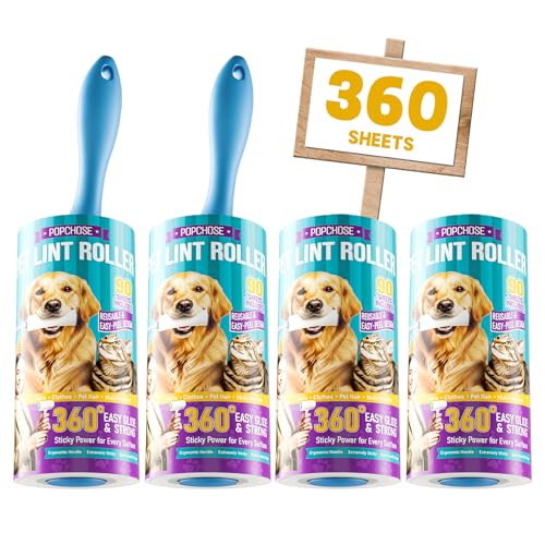 POPCHOSE Lint Rollers for Pet Hair Extra Sticky, 360 Sheet Extra Sticky Lint Rollers for Pet Hair, 2 Handles & 4 Sticky Rolls,Dog Cat Hair Remover for Clothes,Furniture,Couch,Lint Roller for Clothes - size: 360 Sheets