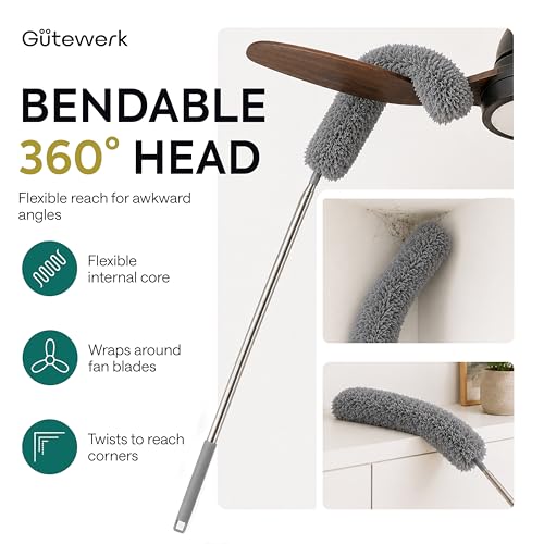 Gütewerk Extendable Microfiber Duster, 100 Inch - Feather Dusters for Cleaning Ceiling Fans, Blinds, Baseboards & High Ceilings - Washable, Electrostatic, 360° Bendable Head, Stainless Steel Pole - color: Gray, size: up to 100 inch