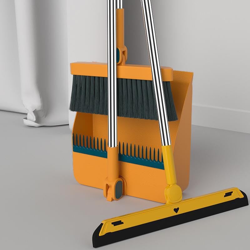 Broom and Dustpan Set with 34.5" Long Handle Squeegee Broom, Upright Standing Lobby Broom and Dust Pan, Orange, Polypropylene, Stainless Steel, Modern, Floor Cleaning
