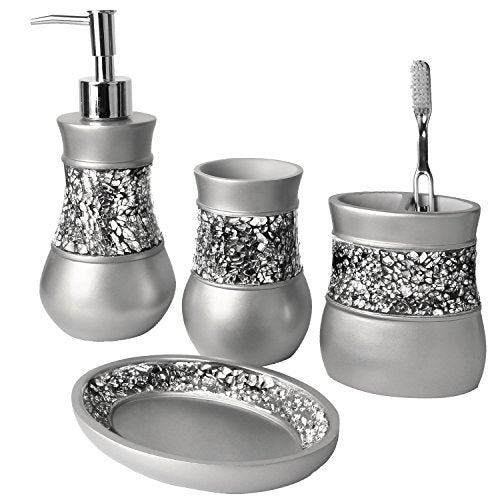 Creative Scents Crackled Glass Silver Bathroom Accessory Set – 4-Piece Vanity Set Includes: Lotion Soap Dispenser, Toothbrush Holder, Tumbler, and Soap Dish - style: 4 Pc Set