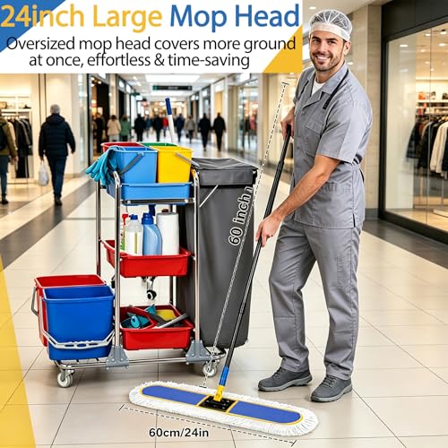 SOBONNE 24" Large Commercial Dust Mop for Floor Cleaning | Heavy Duty Floor Duster,Wet Dry Use,2 Washable Cotton Pads,60" Long Handle for Hardwood Marble Tile Concrete,Blue