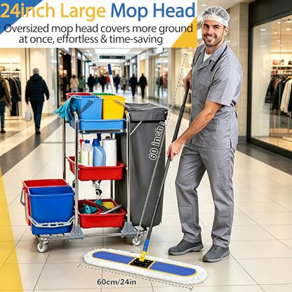 SOBONNE 24" Large Commercial Dust Mop for Floor Cleaning | Heavy Duty Floor Duster,Wet Dry Use,2 Washable Cotton Pads,60" Long Handle for Hardwood Marble Tile Concrete,Blue