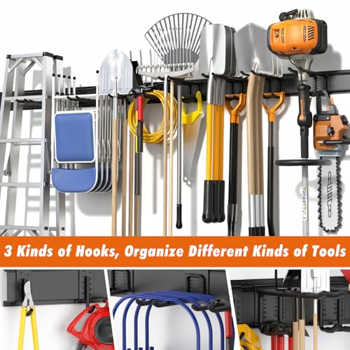 Housolution Heavy Duty Garage Wall Organizer 64 Inch - 18Pack Carries 570 lbs, Garage Tool Organizer Storage System, 4 Rails with 12 Adjustable Hooks, Garden Tool Organizer for Warehouse, Workshop