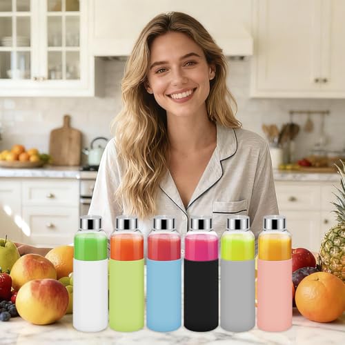 6Pack Glass Juice Bottles, 18 Oz Glass Water Bottles, Reusable Drinking Bottle with Stainless Steel Cap, Silicone Sleeve 1 Brush, Clear Water Bottle for Juice Beverages, BPA Free & Leak Proof
