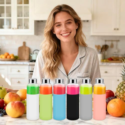 6Pack Glass Juice Bottles, 18 Oz Glass Water Bottles, Reusable Drinking Bottle with Stainless Steel Cap, Silicone Sleeve 1 Brush, Clear Water Bottle for Juice Beverages, BPA Free & Leak Proof