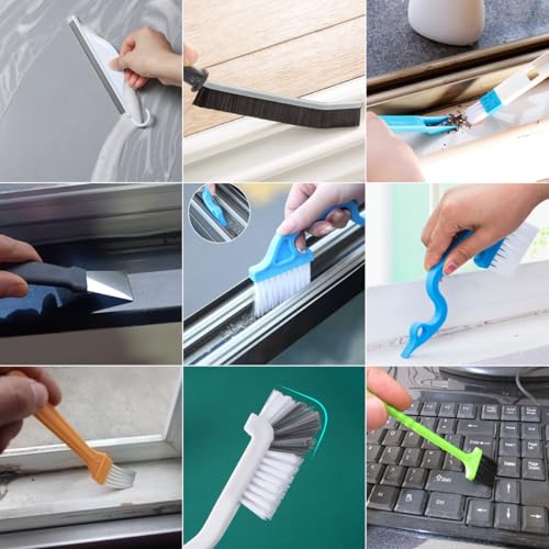 CRAFNEW Small Window Track Cleaning Kit, 20Pcs Multi-Purpose Household Cleaning Tools with Squeegee, Detail Brush & Reusable Microfiber Pads for Sliding Door, Glass, Bathroom Mirror, Auto Windshield