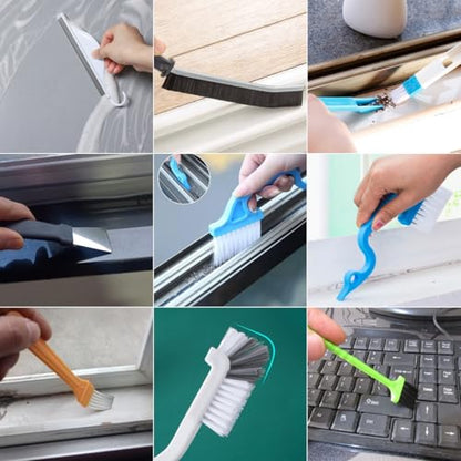 CRAFNEW Small Window Track Cleaning Kit, 20Pcs Multi-Purpose Household Cleaning Tools with Squeegee, Detail Brush & Reusable Microfiber Pads for Sliding Door, Glass, Bathroom Mirror, Auto Windshield