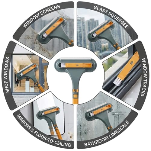 3 in 1 Window Squeegee for Home, 2-Way Brush Window Cleaning Tool with TPR Soft Rubber Squeegee for Cleaning Screens, Glass & Window Tracks