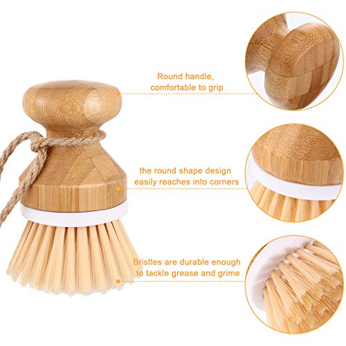 Boao 3 Pieces Bamboo Dish Scrub Brush and 1 Holder Natural Wooden Kitchen Cleaning Scrubbers Durable Bamboo Palm Household Pot Scrubber Brush for Dishes Pots Pans Kitchen Sink Cleaning