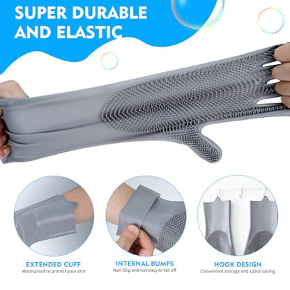 Silicone Dishwashing Gloves with Scrubber Bristles, Food-Grade Cleaning Mitts for Kitchen Dishes, Pet Grooming & Car Wash - color: Grey