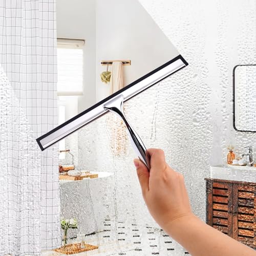10 Inch Stainless Steel Shower Squeegee for Glass Doors, with 1 Hooks 1 Screwdriver, Bathroom Tool Household Window Mirror Squeegee, for Tile Wall, Car, Silver