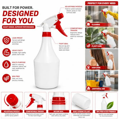 Plastic Spray Bottle, 2 Pack, 32 Oz with Adjustable Nozzle, Heavy Duty Leak Proof Mist Empty Water Bottle Sprayer for Cleaning, Chemicals, Hair, Planting & All-Purpose Use - (Red) - color: Red