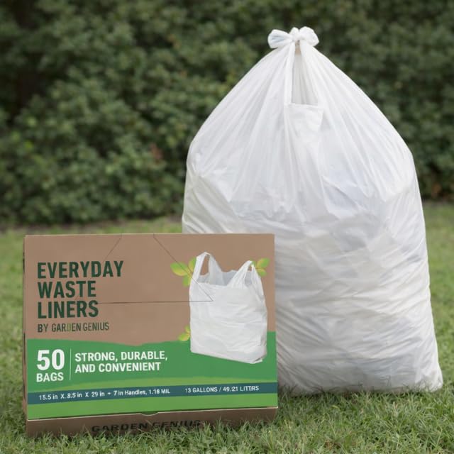 Biodegradable 13 Gallon White Kitchen Trash Bags with Ergonomic Handles (50 Pack) - Extra Strong, Leak-Proof & Thick 1.18 Mil - 15% Thicker Than Most - Fits Standard 13 Gal Cans - Eco-Friendly D2W - style: 13 Gallon with Handles