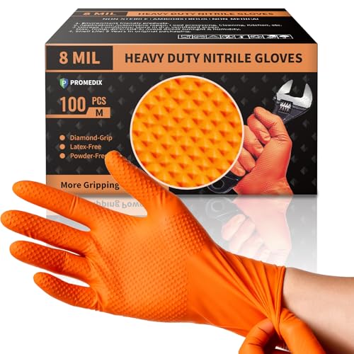 PROMEDIX P Heavy Duty Nitrile Gloves with Diamond Texture 8 Mil Latex Free Powder Free Industrial Disposable Glove - color: Orange, size: Medium
