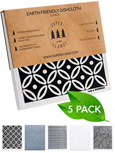 SUPERSCANDI 5 Pack Swedish Dishcloths for Kitchen - 100% Biodegradable & Compostable, Reusable Paper Towels Washable, Food-Safe & Without Plastic - Dish Rags Suitable for Any Surface, Scandi White - color: Scandi White