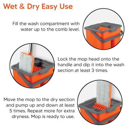 Macromax Flat Mop and Bucket Set with 9 Refills – 100% Microfiber Mop with Dual Wet & Dry Use – Slim Design for Corners & Under Furniture – Easy-Squeeze Bucket for Hardwood, Tile & Laminate Floors - style: Flat Mop set + 9 Refill