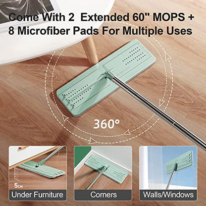 JOYMOOP Flat Mop System, Microfiber Mop and Bucket Set, Green, Household & Commercial Floor Cleaning Mop, Includes 2 Mops and 8 Large Microfiber Pads - color: Green Max582