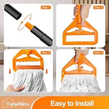 TidyBliss Mop Handle Commercial Heavy Duty, 55 inches Long Handle Industrial String Mop Stick Replacement Pole with Improved Looped-end Clamp for for Floor Cleaning (Orange)