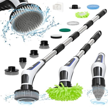 Electric Spin Scrubber,IPX7 Waterproof Cordless Cleaning Brush, Bathroom Scrubber with Adjustable Handle and 9 Replaceable Brush Heads,3-speeds,Electric Rotary Scrubber for Bathroom,Tub,Tile