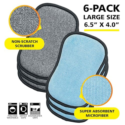Original Scrub-N-Wipe Pad by Tuff-Scrub, 6-Pack, Microfiber, Multi-Surface, Non-Scratch, Dual-Sided, Scrubber for Dishes, Sinks, Non-Stick Cookware – Machine Washable, Durable Kitchen Sponge (Large) - size: Large