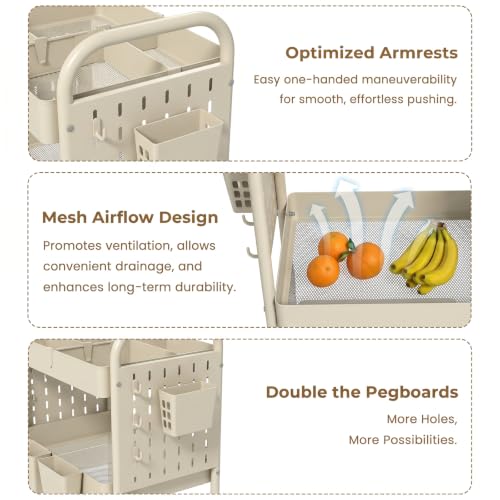 danpinera 3 Tier Rolling Cart with Retractable Dividers, Multi-Functional White Rolling Utility Cart with Pegboards, Hooks & Hanging Cups for Nursery, Living Room, Studio - color: Beige, size: with Dividers
