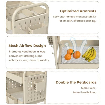 danpinera 3 Tier Rolling Cart with Retractable Dividers, Multi-Functional White Rolling Utility Cart with Pegboards, Hooks & Hanging Cups for Nursery, Living Room, Studio - color: Beige, size: with Dividers