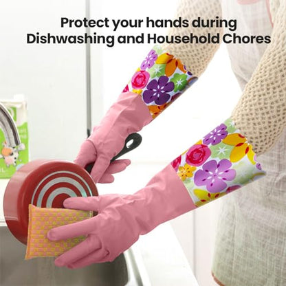 KAQ 3 Pairs Rubber Cleaning Gloves, Reusable Dishwashing Gloves for Kitchen with Cotton Liner, Long Cuff 16", Waterproof Non-Slip Household Gloves for Bleaching Bathroom, Laundry, Gardening (Large) - size: Large(Pack of 3)
