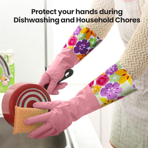 KAQ 3 Pairs Dishwashing Cleaning Gloves, Reusable Long Rubber Gloves with Cotton Lining, Latex Free Dish Washing Gloves, Water Resistant Household Glove for Kitchen Bathroom(Medium) - size: Medium(Pack of 3)