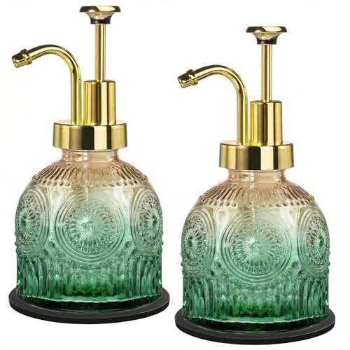 Amolliar 8 Oz Vintage Glass Bathroom Soap Dispensers with Pump, 2 Pack Refillable Kitchen Dish Soap Dispenser with Non-Slip Mat, Antique Rustic Hand Soap Liquid Bottle (Green Gradient-Golden Pump) - color: Green Gradient-golden Pump-2p, size: 2 PACK