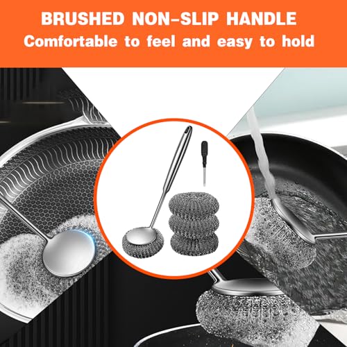 Stainless Steel Scourer Scrub Set with Long Handle Brush+Steel Ball+Screwdriver Metal Scouring Pad Removes Grease, Oil and Dirt Stains from Pots, Dishes and Bakeware (B) - color: B