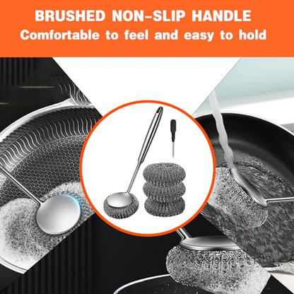 Stainless Steel Scourer Scrub Set with Long Handle Brush+Steel Ball+Screwdriver Metal Scouring Pad Removes Grease, Oil and Dirt Stains from Pots, Dishes and Bakeware (B) - color: B