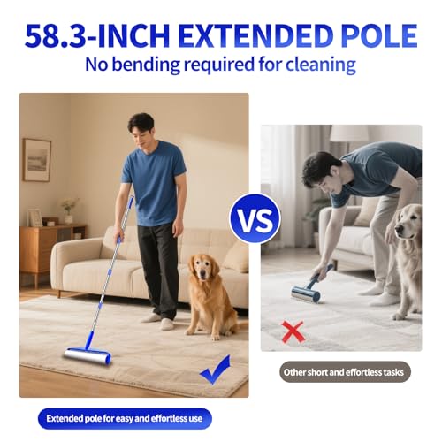 9.84" Large Extra Sticky Lint Roller, 58.3" Long Handle Lint Remover with 7 Rollers for Clothes, Cat Dog Pet Hair, Furniture, Couch, Carpet, Floor，Painted Wall Cleaner Mop Dust Cleaning