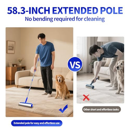 9.84" Large Extra Sticky Lint Roller, 58.3" Long Handle Lint Remover with 7 Rollers for Clothes, Cat Dog Pet Hair, Furniture, Couch, Carpet, Floor，Painted Wall Cleaner Mop Dust Cleaning