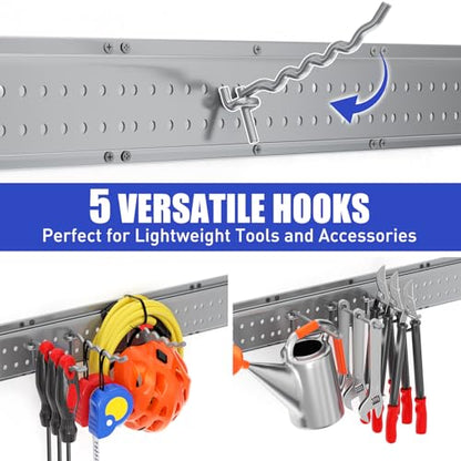Garage Tool Organizer Wall Mount 99 inches with 18 Adjustable Heavy-Duty Hooks, Garage Organization, Garden Tool Storage Rack, Yard, and Shed, Holds Up to 750 lbs (Grey) - size: 99" | 6 Panels + 18 Hooks