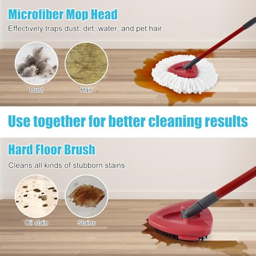 Spin Mop Replace Head, Base, Replacement Handle for OCedar EasyWring 1 Tank System 2 Microfiber Refills, 4-Section Sturdy Iron 30-58in Handle, Mop Head Base and Scrubber - size: Red