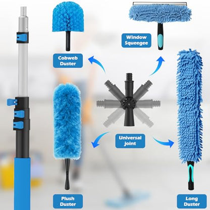 25FT Reach High Ceiling Duster Kits with 5-20FT Adjustable Pole - Includes Extra Long Duster, High Ceiling Duster, Rotatable Window Squeegee & Cobweb Duster for Ceiling Fans and Whole House Cleaning - color: Blue, size: 20FT