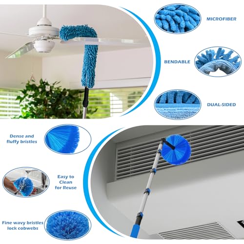 25FT Reach High Ceiling Duster Kits with 5-20FT Adjustable Pole - Includes Extra Long Duster, High Ceiling Duster, Rotatable Window Squeegee & Cobweb Duster for Ceiling Fans and Whole House Cleaning - color: Blue, size: 20FT