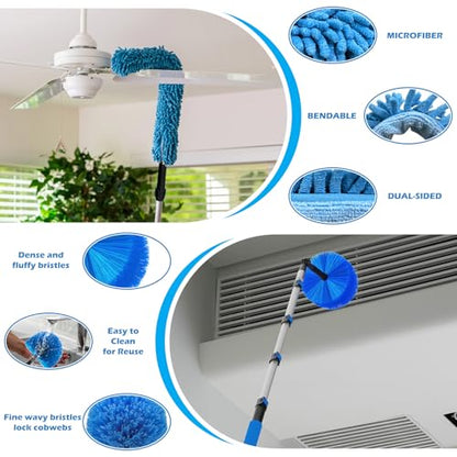 25FT Reach High Ceiling Duster Kits with 5-20FT Adjustable Pole - Includes Extra Long Duster, High Ceiling Duster, Rotatable Window Squeegee & Cobweb Duster for Ceiling Fans and Whole House Cleaning - color: Blue, size: 20FT