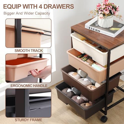 SYKIARIOL Utility Cart with 4 Drawers,Rolling Storage Cart with Drawers,Storage Rolling Drawer Cart,Brown - color: Dark Brown