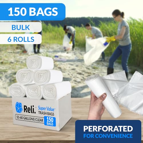 Reli. 55-60 Gallon Trash Bags Heavy Duty | 150 Trash Bags with Ties | Super Sizeable, Clear, Serious Garbage Cleanup
