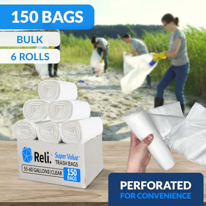 Reli. 55-60 Gallon Trash Bags Heavy Duty | 150 Trash Bags with Ties | Super Sizeable, Clear, Serious Garbage Cleanup